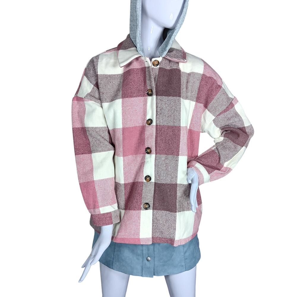 Flannel Shacket Removable Hoodie Size Small Oversize Plaid Pink and Burgundy